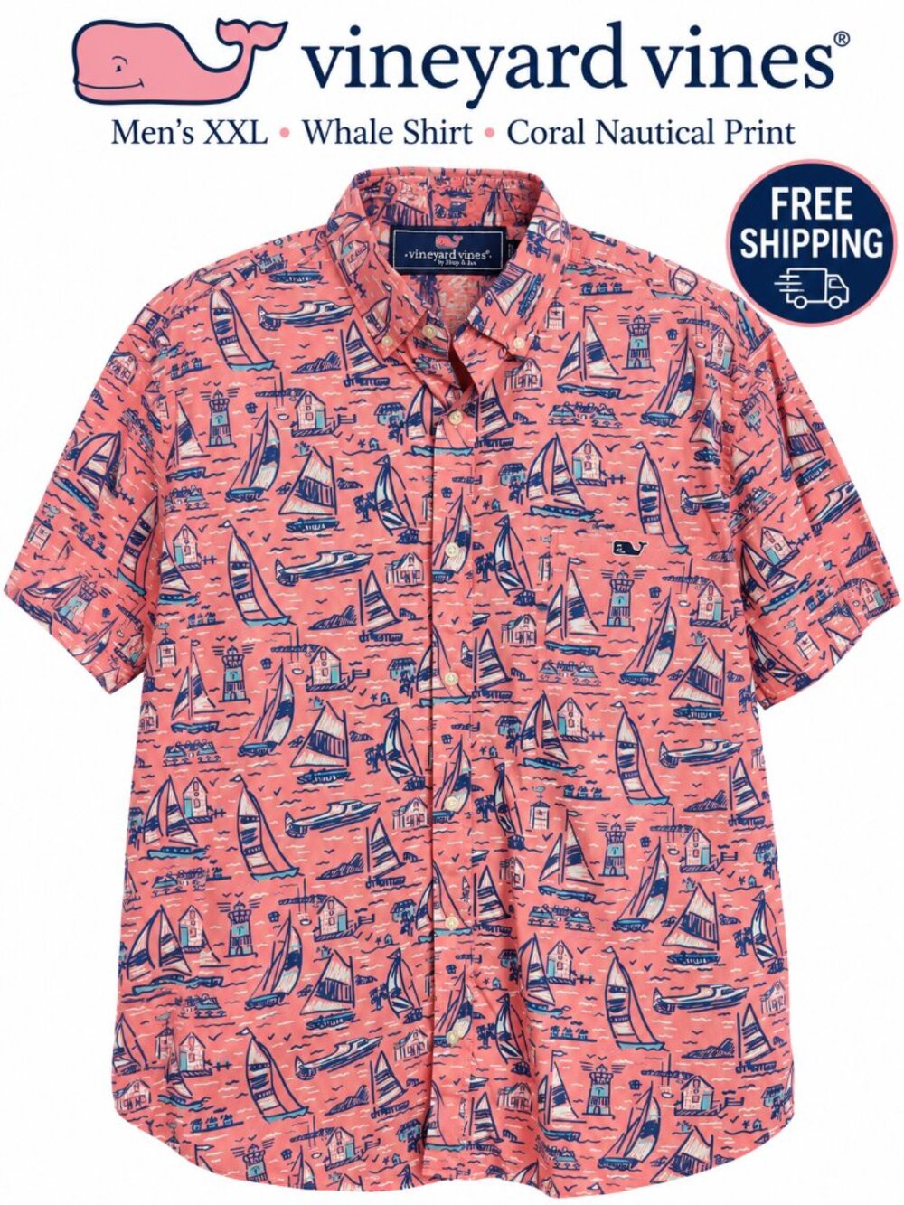 Vineyard Vines Men's XXL Coral Nautical Whale Shirt Sailboat Button Down